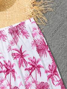 Tween Girl 3 件套棕榈树图案荷叶边比基尼套装夏季海滩 - 玫紅色 - 查看 4