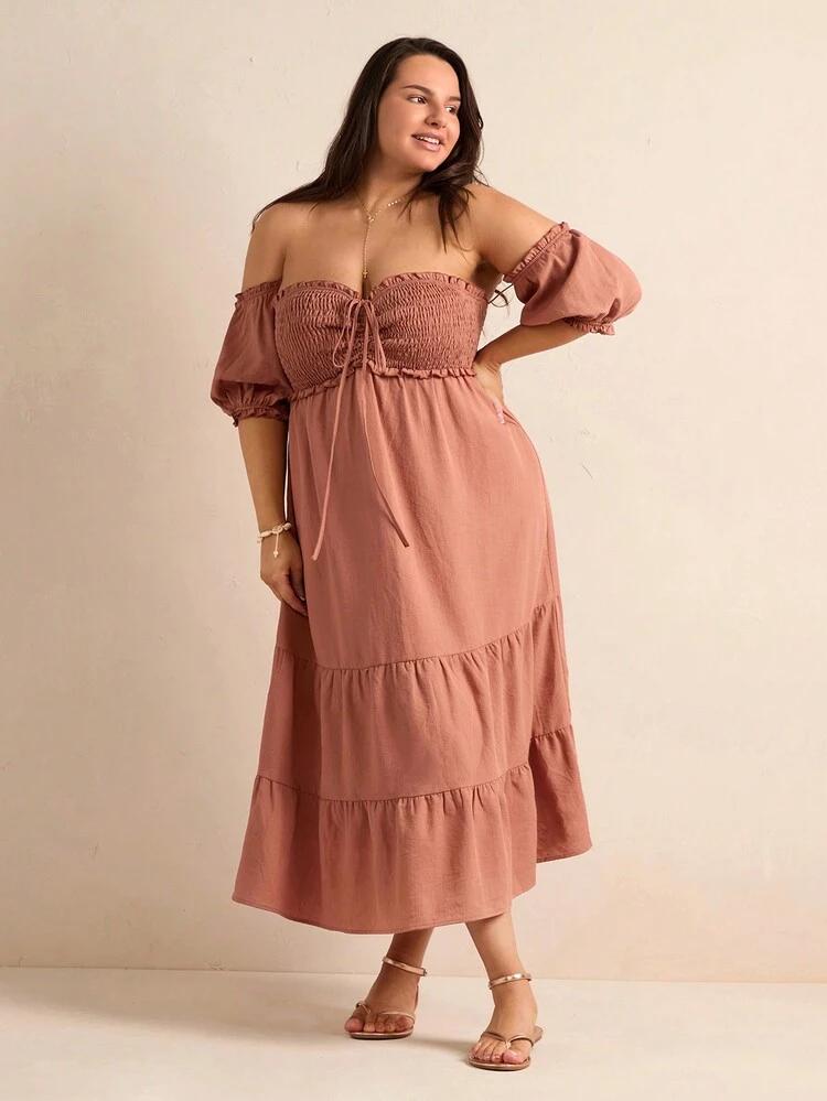Plus Size Off Shoulder Puff Sleeve Drawstring Ruched Bust Bubble Hem Dress