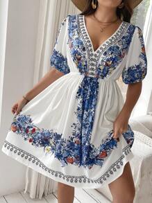 Flirla Đầm Boho in họa tiết cổ chữ V cỡ lớn cho mùa hè, trang phục đi biển dành cho nữ - Xanh và trắng - Xem 5