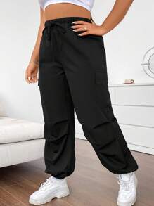 Flirla Kích thước lớn Đơn giản Đen Eo dây rút Làm việc Quần - màu đen - Xem 6