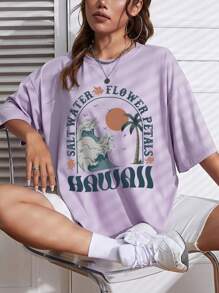 SHEIN EZwear Lá thư Và Sóng In Thả vai Ngắn tay Áo thun - Màu tím - Xem 5