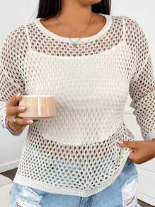 SHEIN Unity Áo choàng dệt kim rỗng màu trơn cỡ lớn mùa hè - Màu be - Xem 1