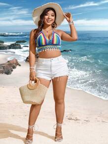 Flirla Camiseta De Tejido De Punto Con Bloques De Rayas De Talla Grande Con Detalles De Conchas, Cuello Halter Y Espalda Abierta - Azul - Ver 7