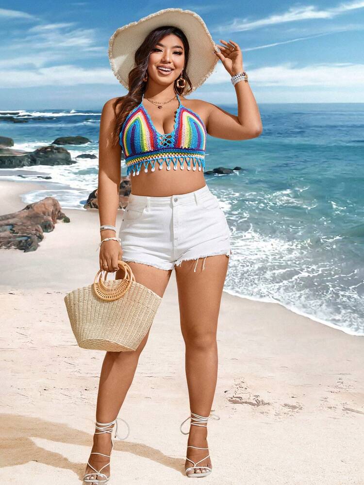 Plus Size Striped Color Blocking Knit Top With Shell Decoration, Halter Neck, Open Back
