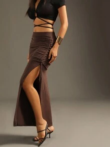 Zolique Saia de suéter sexy plissada lateral - Café - Visão 7