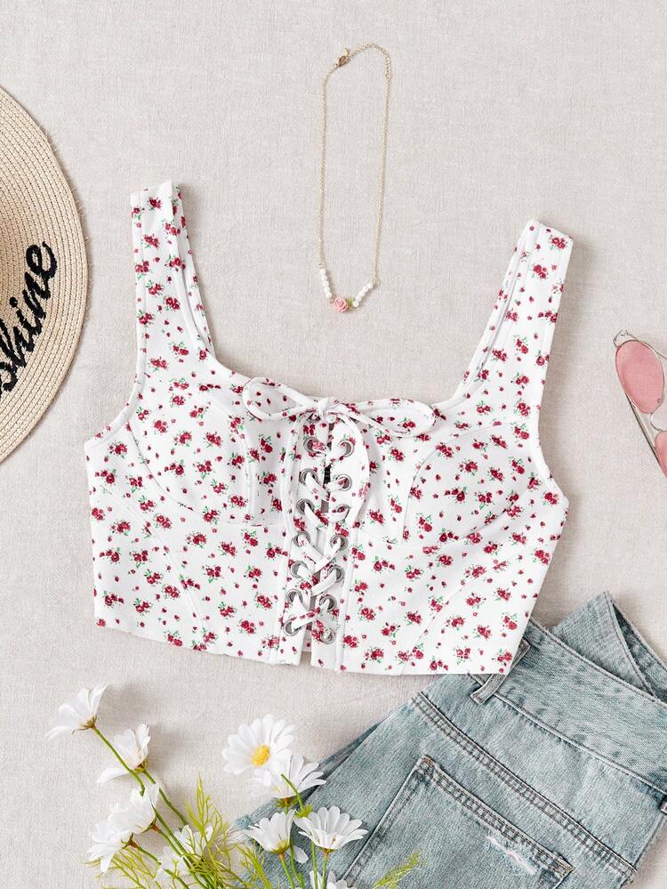 Leisure Vacation Cami Top With Ditsy Floral Printed, Metal Ring Eyelet Details And Cross Straps