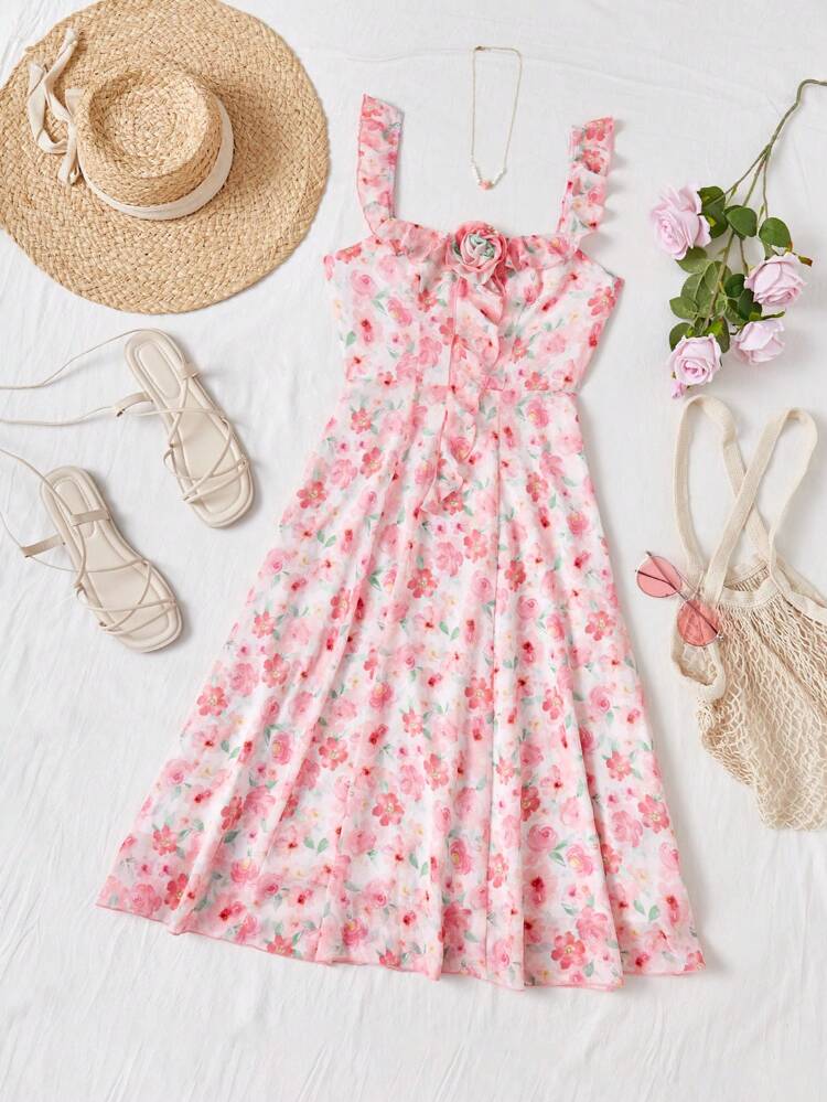 Women's Casual Vacation Rose Print Fitted Sleeveless Dress With 3D Flower Decorations, Spring/Summer