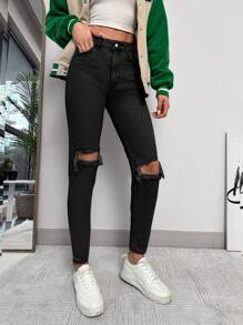 EURMUSE Ripped High Waist Skinny Jeans - Black - View 4