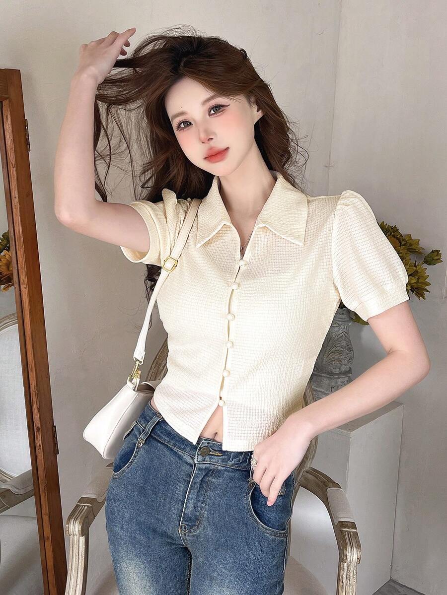 DAZY Women's Short Sleeve Button Up T-Shirt - White - View 1