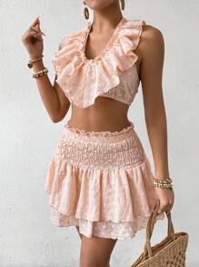 Breezaya Ensemble deux-pièces avec broderie ajourée et volant de couleur unie - Vieux Rose - Voir 3