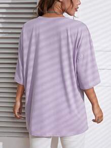 SHEIN EZwear Lá thư Và Sóng In Thả vai Ngắn tay Áo thun - Màu tím - Xem 2