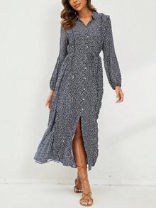 波西米亞風格休閒春季印花鈕扣荷葉邊長袖連衣裙