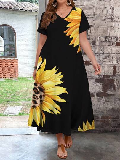 SHEIN VCAY Plus Size Women's Long Fitted Sunflower Floral Print Dress, Summer