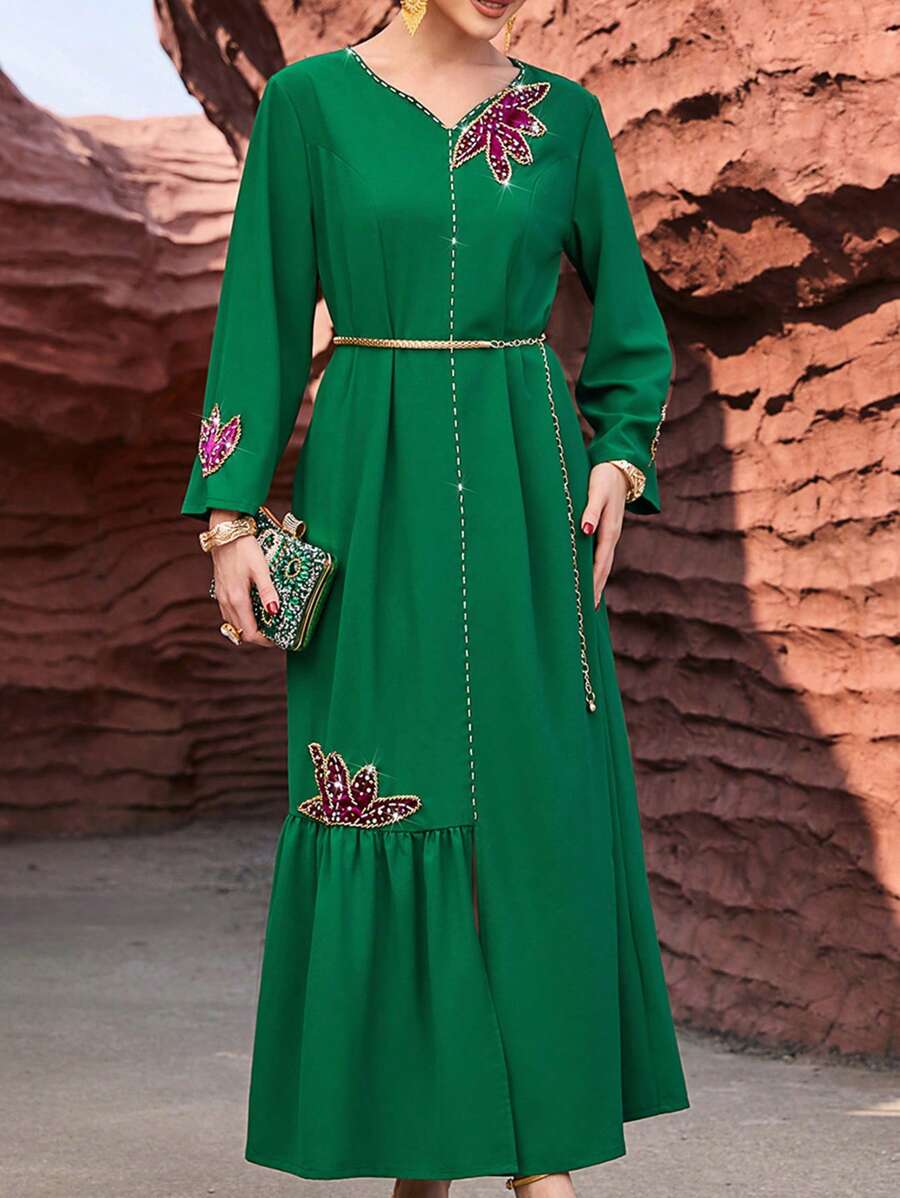 Al Najma Purple Velvet Handmade Flower Green Robe - Green - View 1