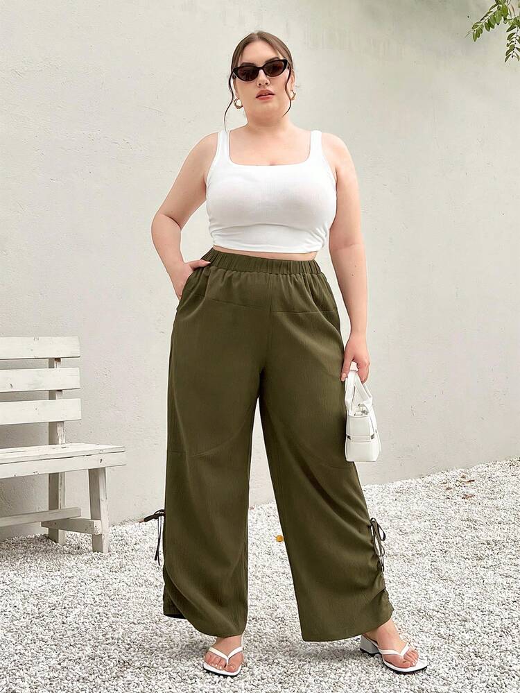 Women's Plus Size Drawstring Elastic Waist Pocketed Casual Pants For Date, Party And Vacation