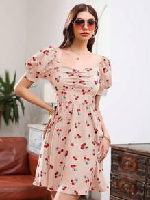 Breezaya 櫻桃印花泡泡袖短裙 - 粉色 - 查看 3