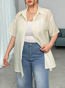 SHEIN Essnce Women's Plus Size Grid Texture Semi-Sheer Casual Fashionable & Vacation Beige Shirt With Open Front - Beige - View 4