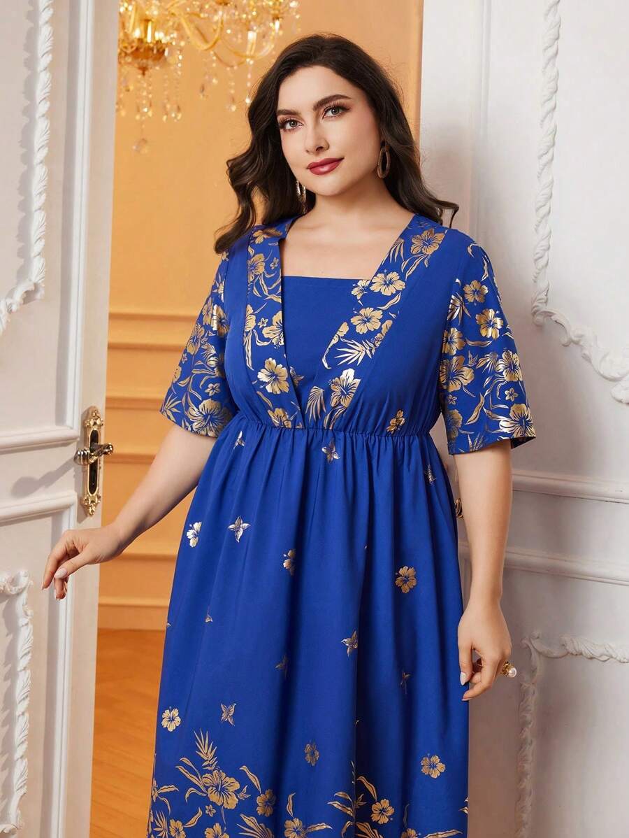 Al Najma Plus Size Golden Floral Printed Short Sleeve Dress - Blue - View 1