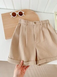 SHEIN LMoss Kids Solid Color Pleated Casual Straight Shorts For Tween Girls - Khaki - View 3