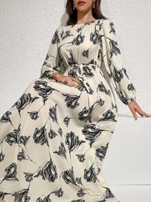 Modelyn Flower Print Belted Arabic Long Dress Long Evening Dresses - Multicolor - View 1