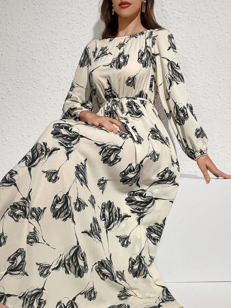 Modelyn Flower Print Belted Arabic Long Dress Long Evening Dresses - Multicolor - View 1
