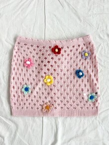Soleia Knitted Skirt With Hollow Out Needlework & 3d Flower Embellishment Mini Skirts - Pink - View 4