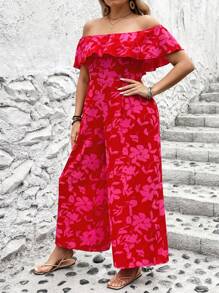 Breezaya Plus Size Vacation Style Floral Print Off-Shoulder Wide Leg Jumpsuit For New Year Clothes - Red - View 4