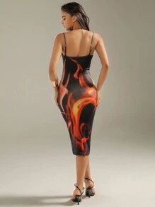 Zolique Black Digital Print Knit Spaghetti Strap Dress - Black - View 2