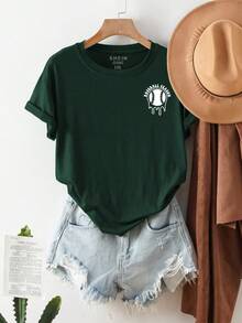 SHEIN Essnce Kích thước lớn Slogan & Bóng chày In Ngắn Áo thun - xanh quân đội - Xem 6