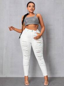 SHEIN SXY Plus Size Solid Color Distressed Skinny Jeans - White - View 6