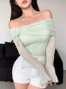 DAZY Textured Off Shoulder Drawstring T-Shirt - Mint Green - View 7