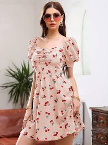 Breezaya 櫻桃印花泡泡袖短裙 - 粉色 - 查看 6