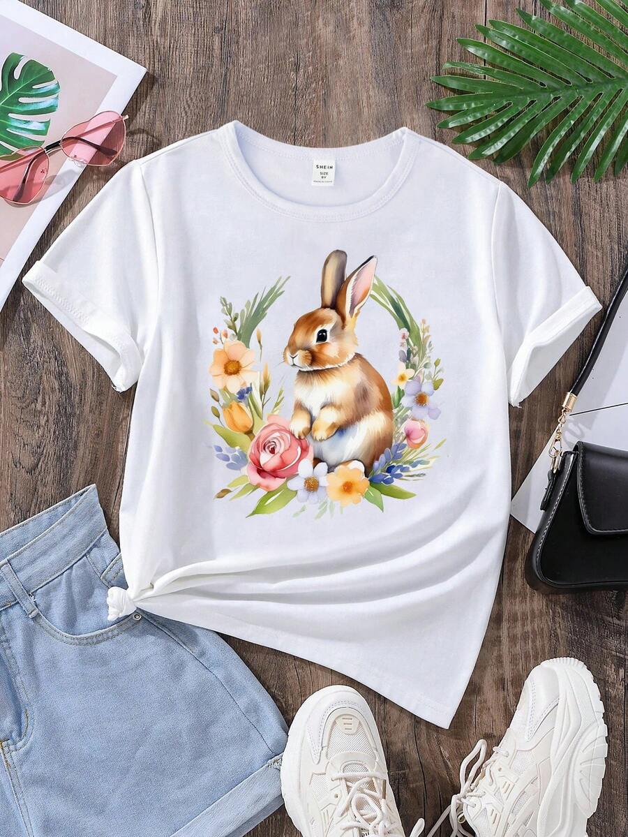 Tween女童復活節兔子和牡丹印花t恤 - 白色 - 查看 1