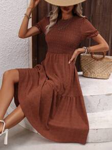 SHEIN Holidaya 女士短袖泡泡袖圓領a字裙 - 鏽棕色 - 查看 4