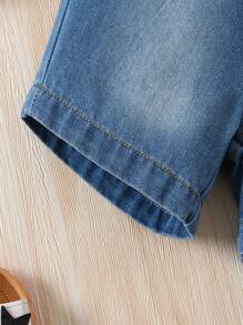 Outfit Primavera/estate Per Bambino 2 Pezzi, Top A Mezza Placket A Bottoni Contrastanti A Maniche Corte E Pantaloncini In Denim Con Elastico In Vita