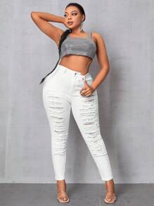 SHEIN SXY Plus Size Solid Color Distressed Skinny Jeans - White - View 5