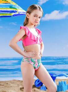 SHEIN Tween Girl Floral Print Ruffle Trim Bikini Set Summer Beach Summer Holiday - Pink - View 6