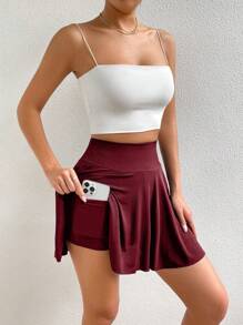 Chiquease Ladies' Solid Color Skirted Shorts With Pockets - Burgundy - View 5