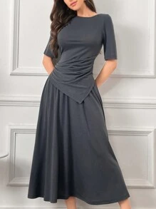 Mulvari Ladies' Plain Asymmetrical Hem Top With Matching Skirt Set - Grey - View 2