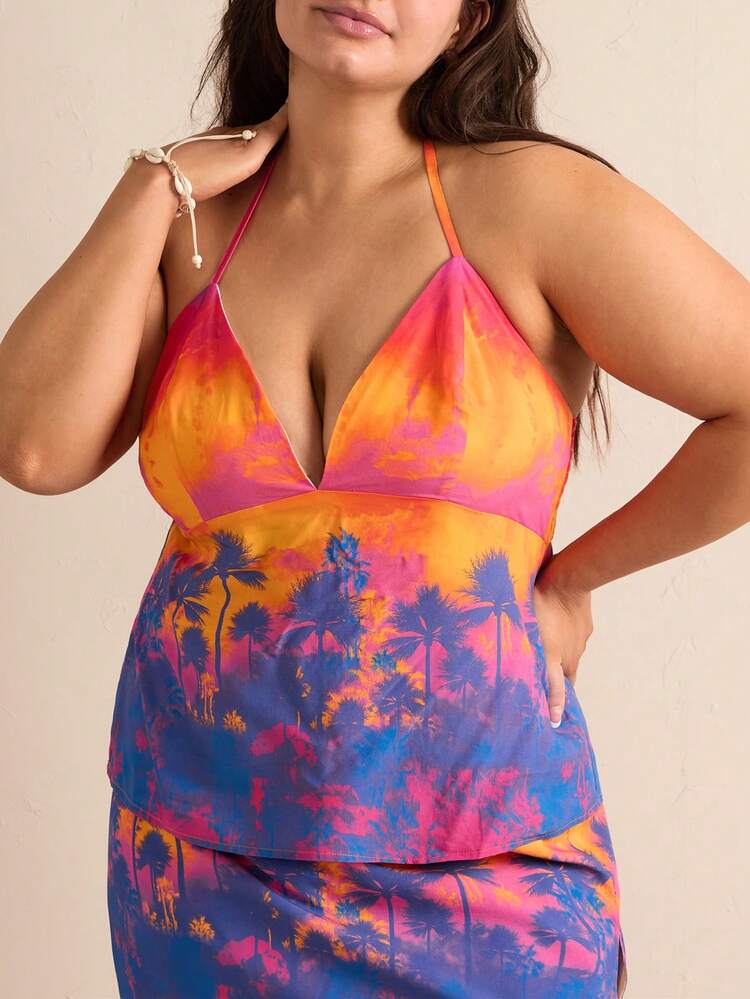 Plus Size Women's Palm Tree Printed Halter Neck Tie Tank Top