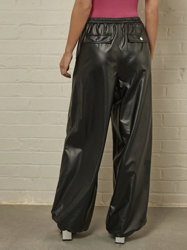 Women's Solid Color Pu Leather Wide Leg Pants