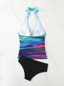 SHEIN Swim 2pcs/Set Gradient Ruched Halter Neck Tankini Set With Solid Triangle Bottom - Multicolor - View 7
