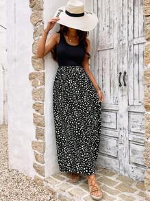 Breezaya Sleeveless Polka Dot Splicing Printed Dress Maxi Vacation Beach Outfits Women - Black - View 3