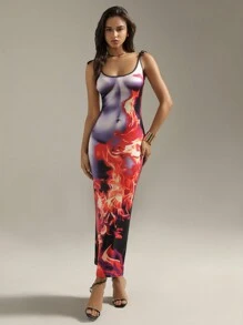 SHEIN Unity Sleeveless Knitted Digital Printing Dress - Black - View 1