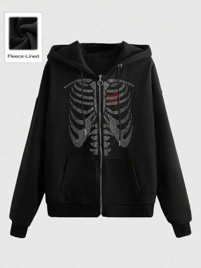 Grunge Punk sweat-shirt à capuche zippé avec squelette et cœur en strass, école