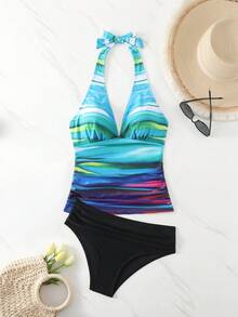 SHEIN Swim 2pcs/Set Gradient Ruched Halter Neck Tankini Set With Solid Triangle Bottom - Multicolor - View 8
