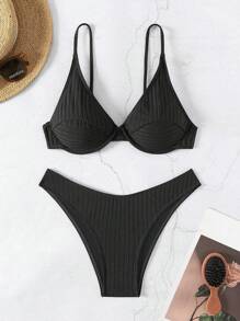 SHEIN Swim Bộ Bikini Hai Mảnh Họa Tiết Màu Trơn, Đi Biển Mùa Hè - màu đen - Xem 2