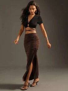 Zolique Saia de suéter sexy plissada lateral - Café - Visão 4