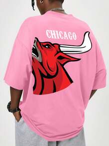 Manfinity EMRG 男士卡通動物字母印花超大號落肩t卹 - 粉色 - 查看 1