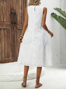 EMERY ROSE Round Neck Hollowed-Out Embroidered Long Dress With Pockets - White - View 6